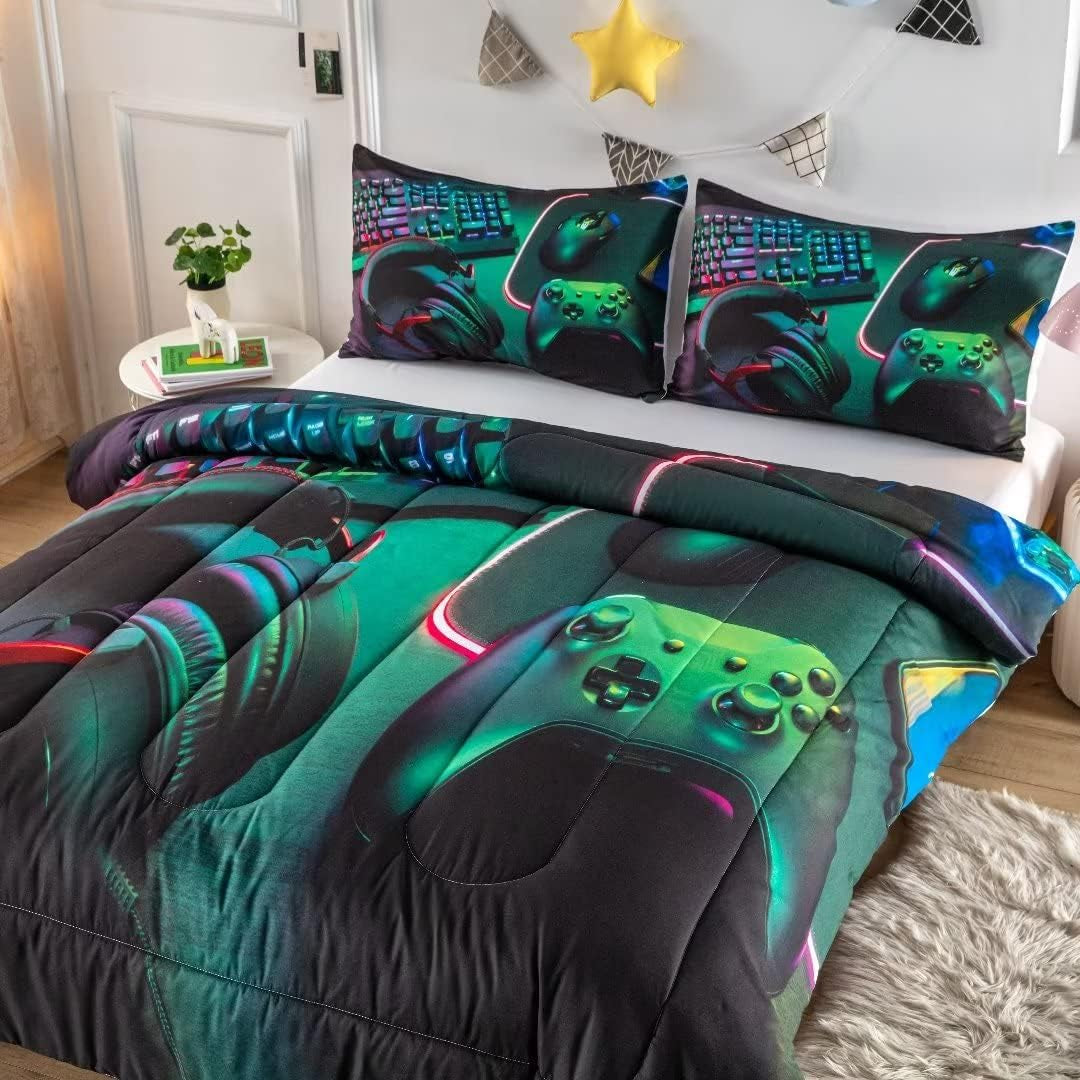 Gamer Comforter Sets for Teen Boys,Gaming Bedding Sets Twin,Video Game Bedspread,Game Gamepad Bed Set,Controller Bedding Gamer Home Decor 3 Piece 1 Comforter and 2 Pillowcases