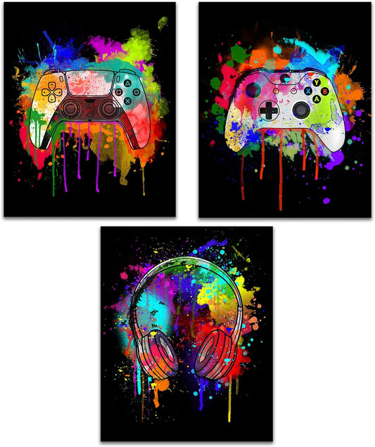 Watercolor Gaming Posters Set of 3 (8X10), Boys Room Wall Decorations for Bedroom, Gaming Room Accessories, Gamer, Boy, Teen Room Wall Art Decor, Gaming Room Decor - UNFRAMED (Black)