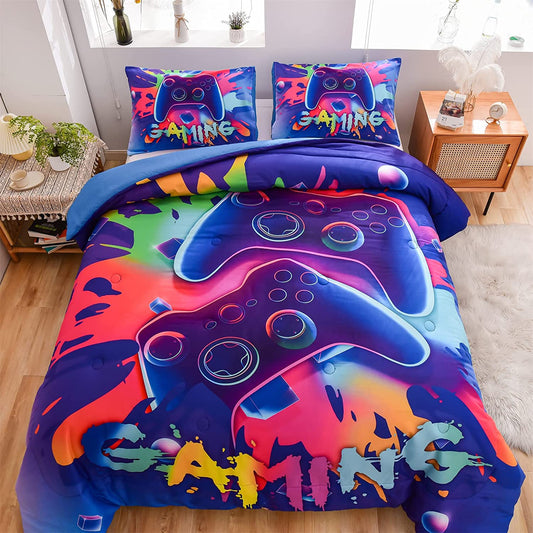 Gaming Comforter Sets for Boys Kids Bedding Sets Video Games Console Action Buttons Novelty Colorful Game Gamepad Controller Modern Gamer Room Decor Home Quilt Set (Twin, Purple)