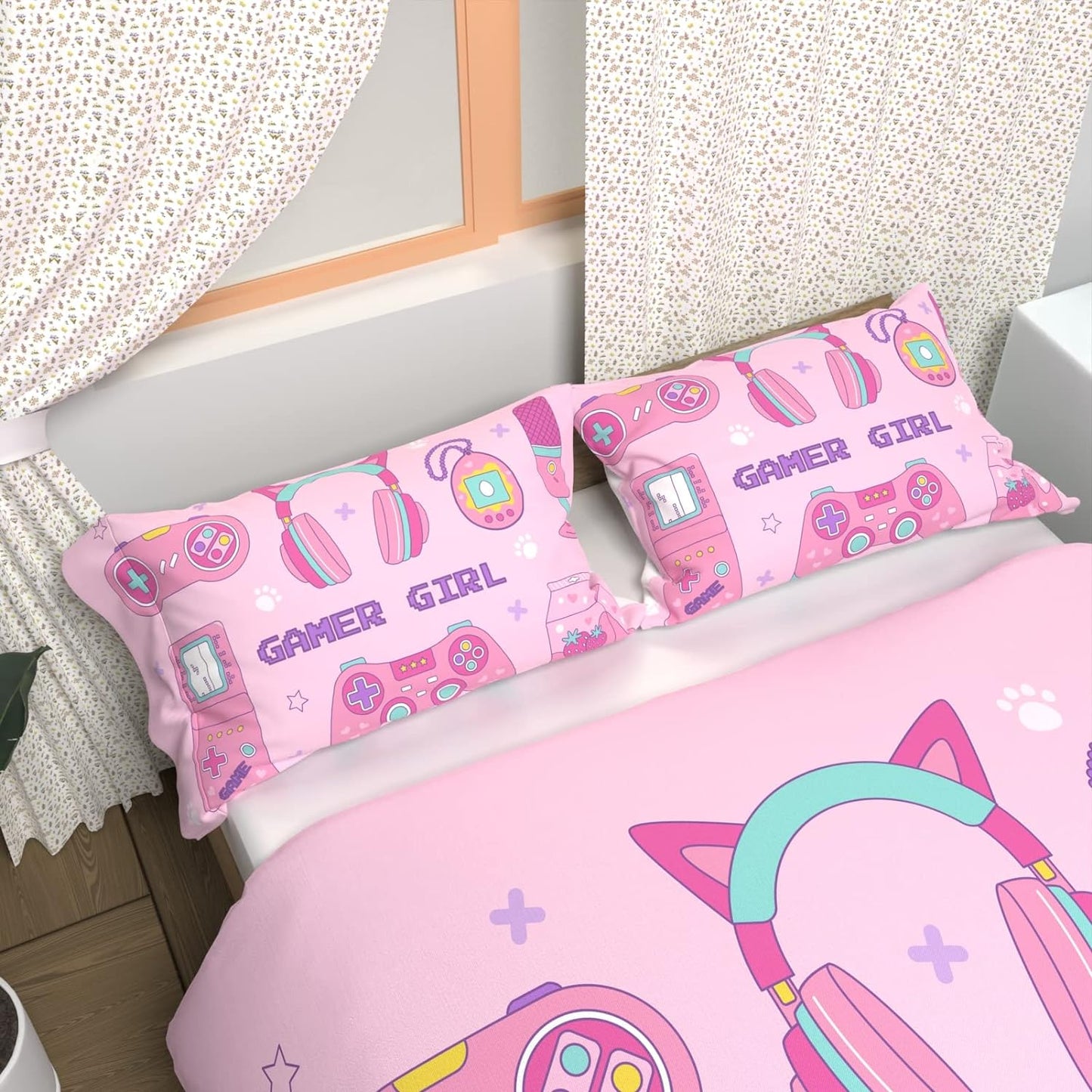 Pink Gamer Girl Comforter Cover Set Twin Size Duvet Cover Set for Girls,3D Gaming Controller Pattern Cat Ear Headphones Print Bedding Set-3 Pieces Bed Cover Set with 2 Pillow Cases