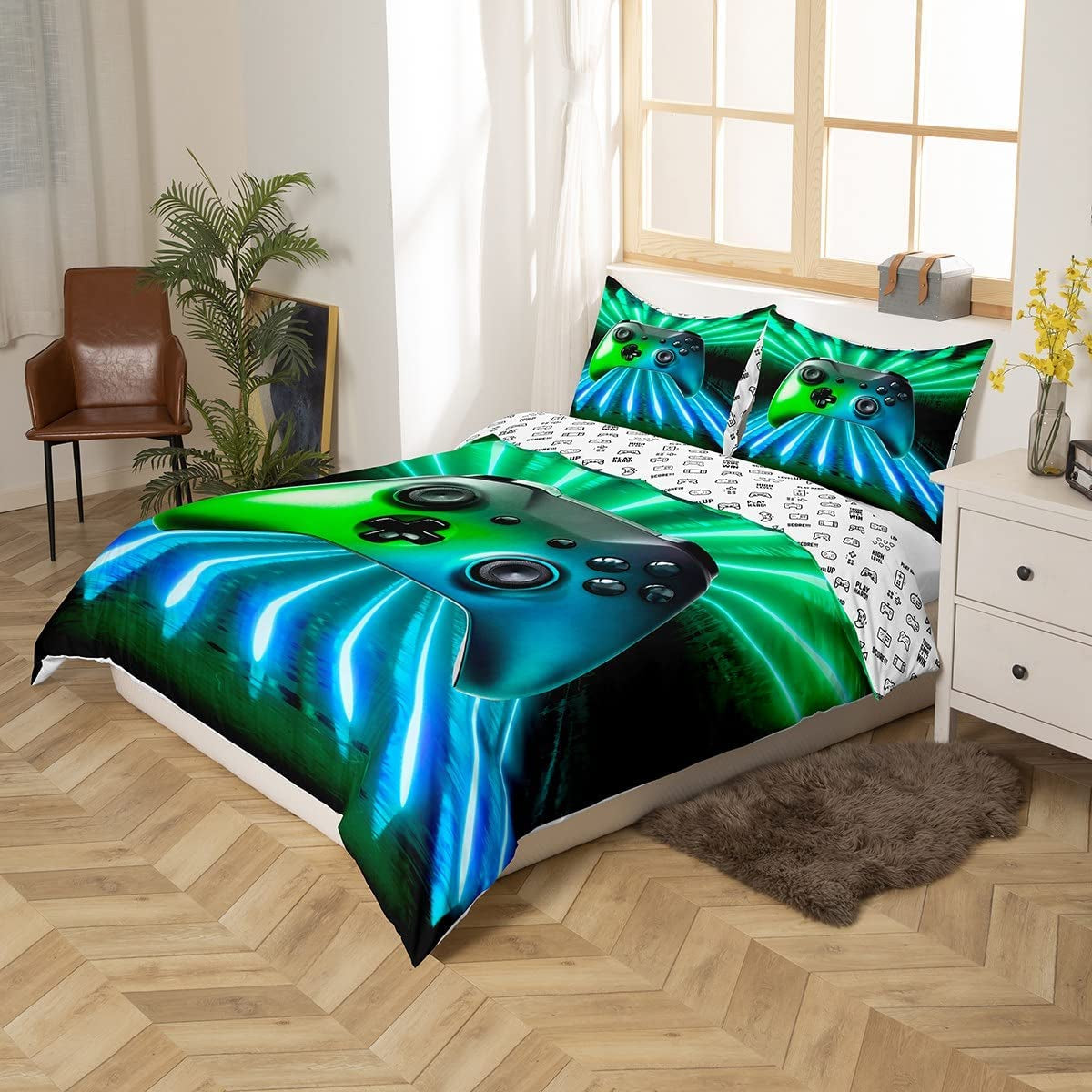 Green Blue Gamepad Bedding Set, Game Player Comforter Cover Full Size Modern Gamer Gaming Duvet Cover Neon Trippy Bedding Set for Kids Boys Girls Teens Young Man Room Decor