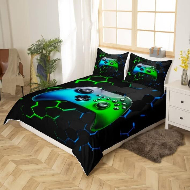 Boys Gamer Soft Reversible Duvet Cover,Kids Gaming Gamepad Bedding Set,Black Modern Geometric Hexagon Quilt Cover Gamer Video Game Controller,Decorative Game Room,Full Size(No Comforter Included)