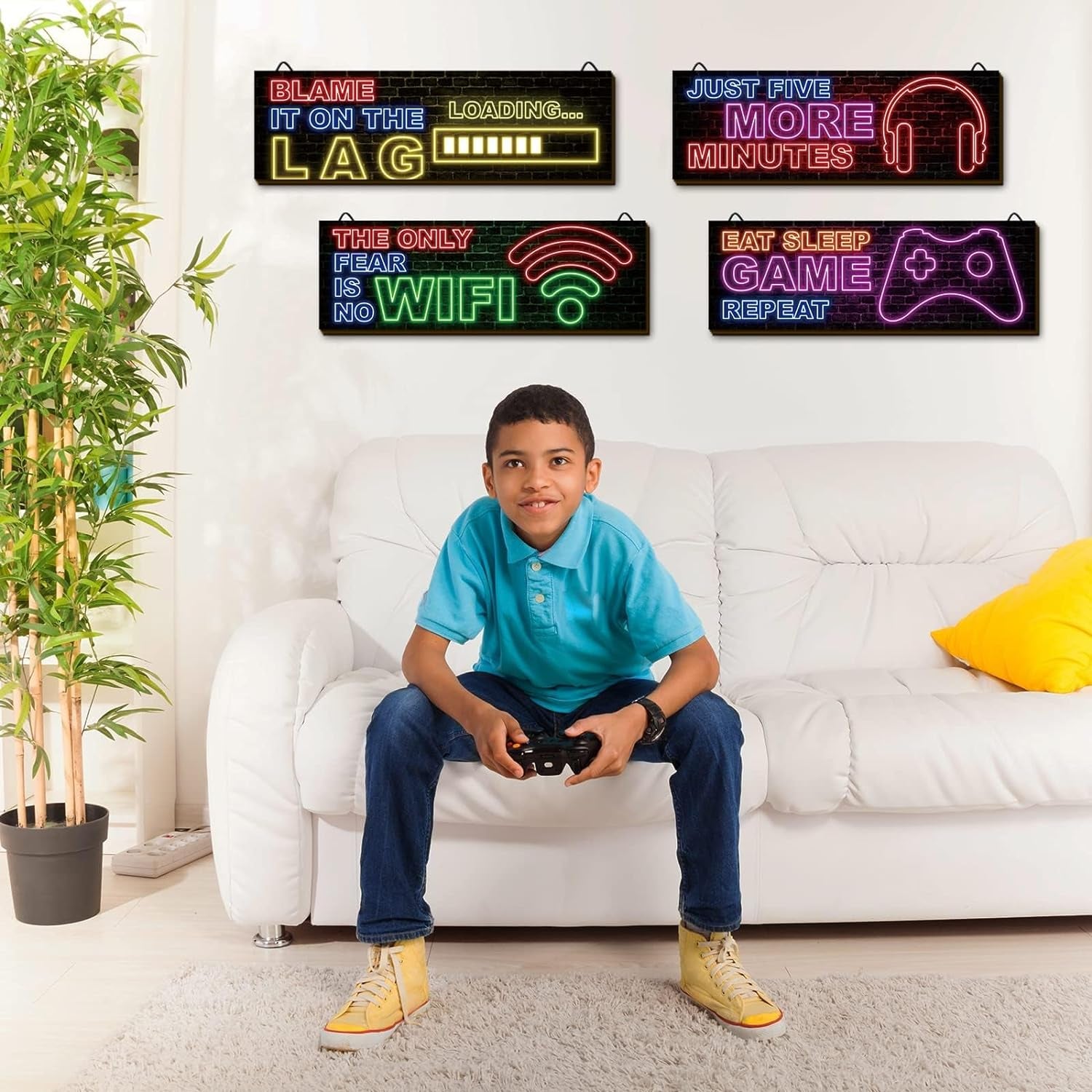 4 Pcs Neon Gaming Decor for Boys Room Wooden Video Game Wall Art Motivational Quote Gamer Hanging Plaques Inspirational Wall Decor for Boys Kids Room Bedroom Playroom Decorations