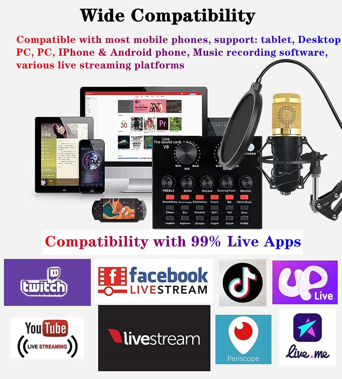 Podcast Equipment Bundle, BM-800 Recording Studio Package with Voice Changer, Live Sound Card - Audio Interface for Laptop Computer Vlog Living Broadcast Live Streaming Youtube Tiktok (AM100-V8)