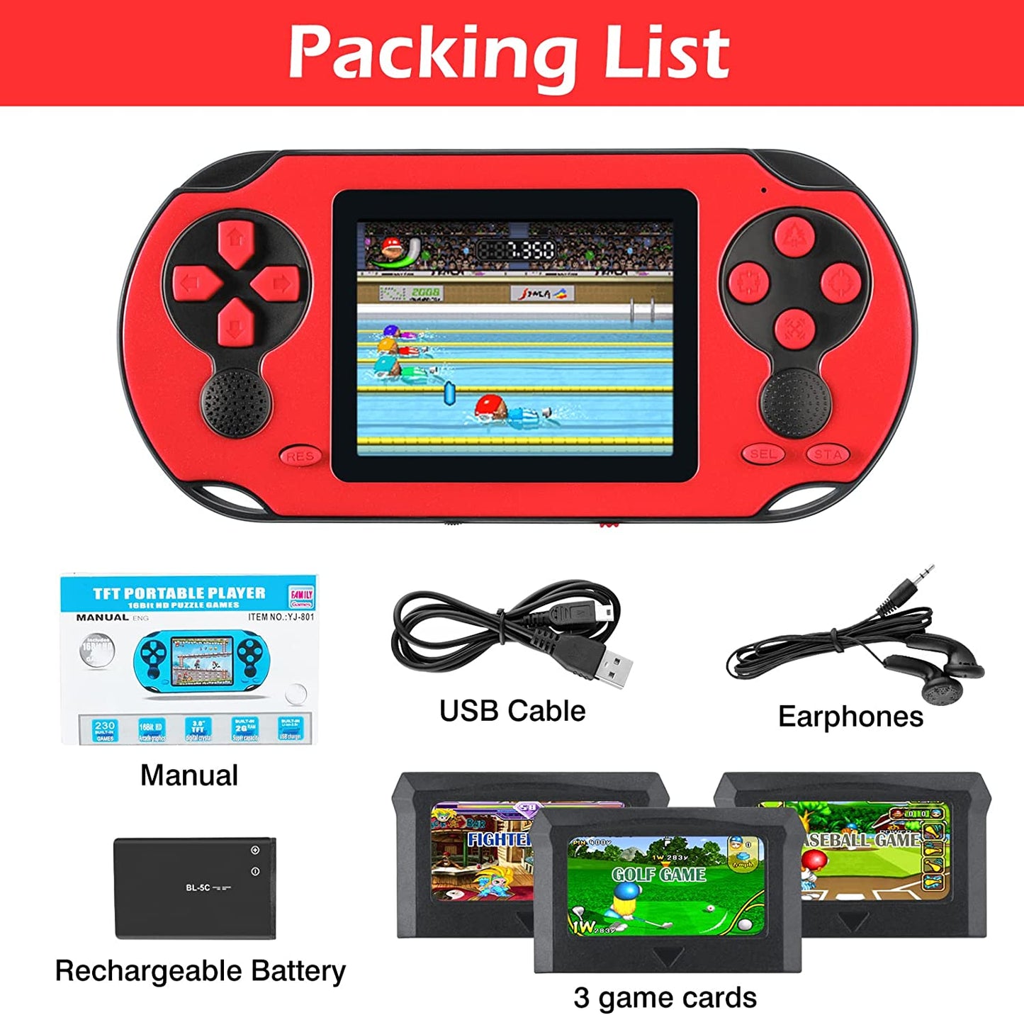 16 Bit Handheld Game Console for Kids Adults, 3.0'' Large Screen Preloaded 230 HD Classic Retro Video Games with USB Rechargeable Battery & 3 Game Cartridges for Birthday Gift for Kids 4-12