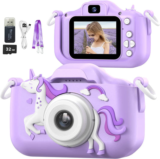 Children'S Camera Toys for 3-12 Years Old Kids Boys Girls,Hd Digital Video Camera with Protective Silicone Cover,Christmas Birthday Gifts with 32GB SD Card (Purple)