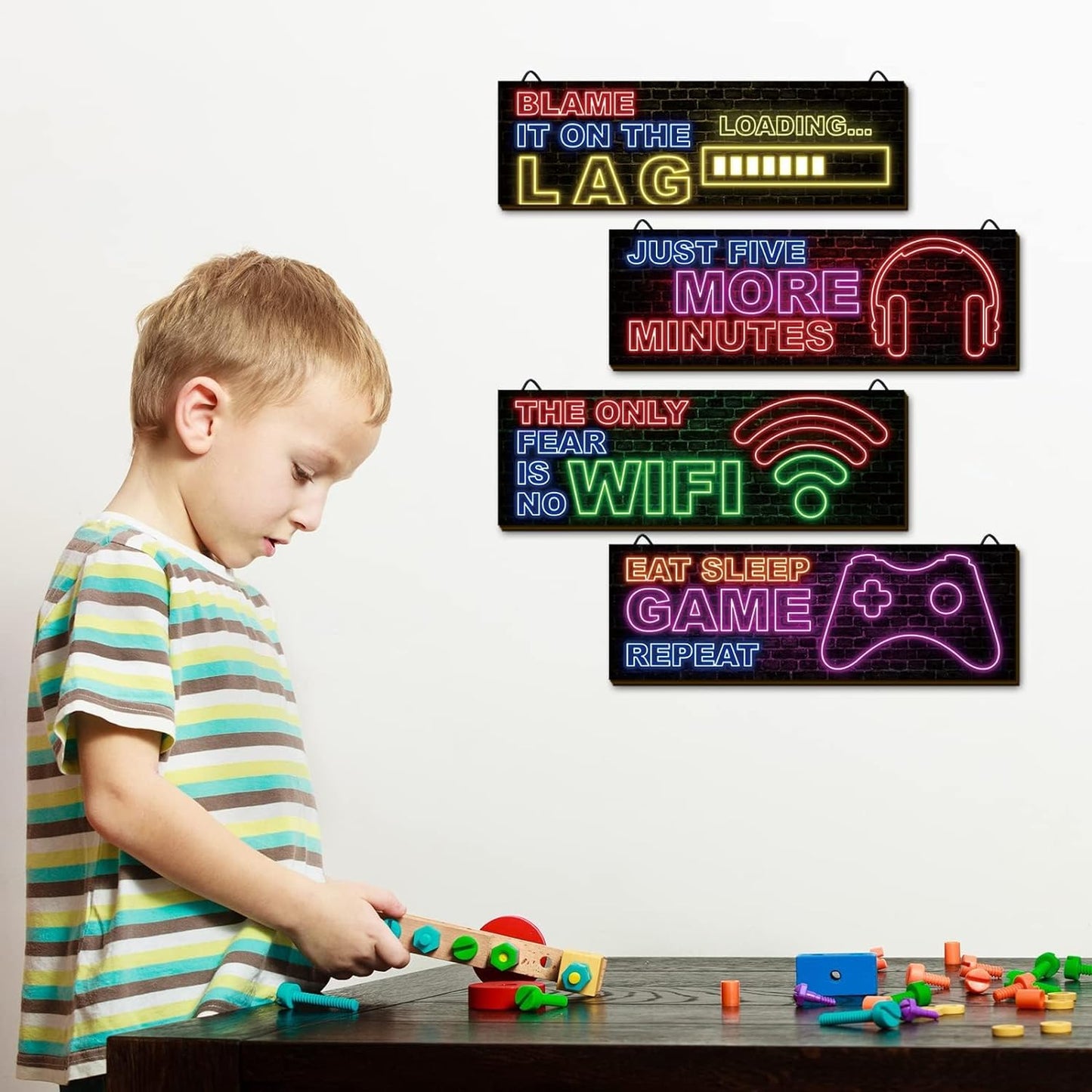 4 Pcs Neon Gaming Decor for Boys Room Wooden Video Game Wall Art Motivational Quote Gamer Hanging Plaques Inspirational Wall Decor for Boys Kids Room Bedroom Playroom Decorations