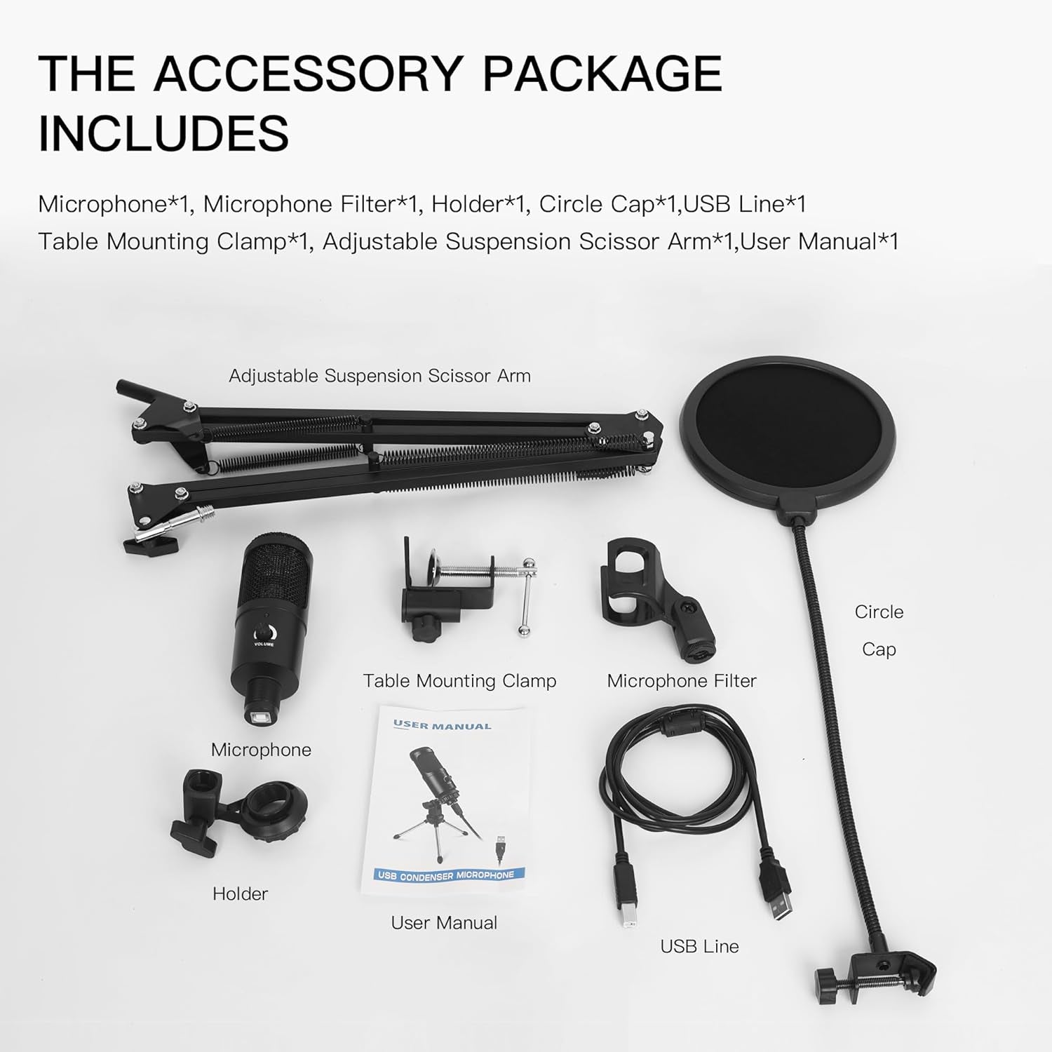 USB Condenser Microphone Mic Kit with Adjustable Mic Suspension Scissor Arm, Metal Shock Mount and Pop Filter for Streaming, Podcasting, Singing,Youtube,Studio