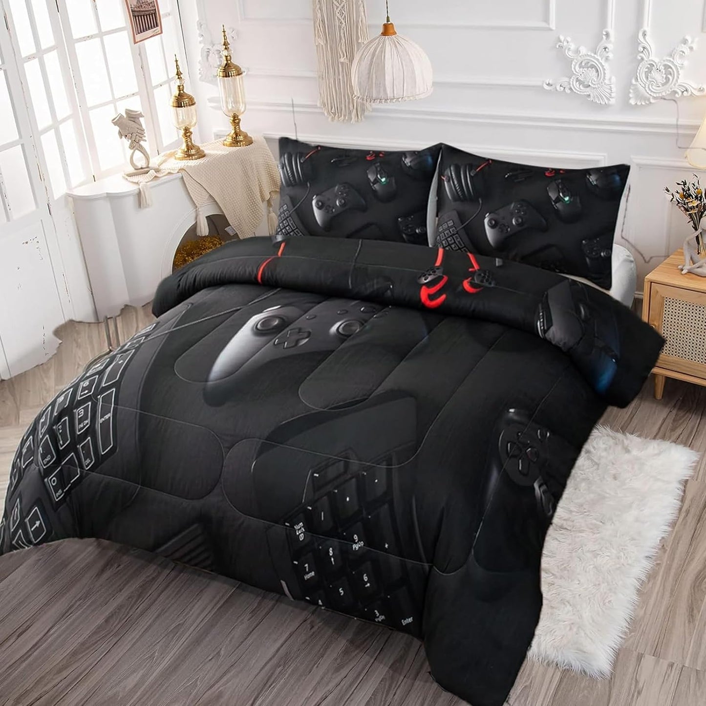 Gamer Comforter Set Twin Size for Boys Kids Teens, 3D Gaming Bedding Set Soft Microfiber Quilts Black with Pillowcase Game Room Decor All Season for Game Lovers