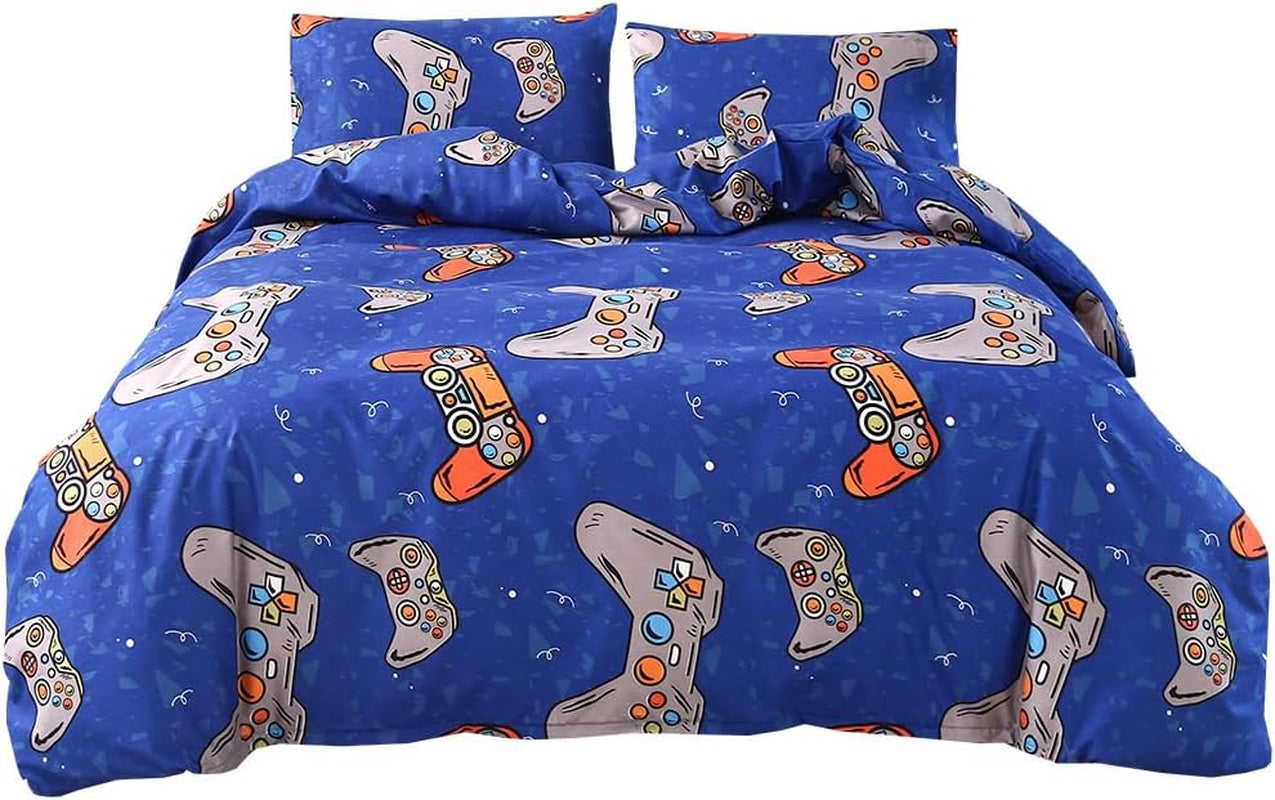 3PCS Blue Gamer Duvet Cover Set Queen, 1 Duvet Cover and 2 Pillowcases, Gaming Bedding with Corner Ties and Zipper Closure, Soft Microfiber, Cute Duvet Cover Set for Kids, Boys and Girls, Queen