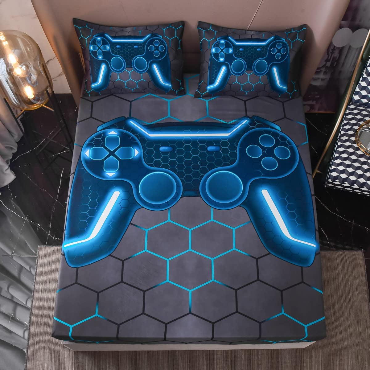 Game Console Fitted Sheet Set for Boys Girls Kids 3D Gaming Geometric Lightweight Gamer Microfiber Mattress Cover Sets(Blue,Twin)