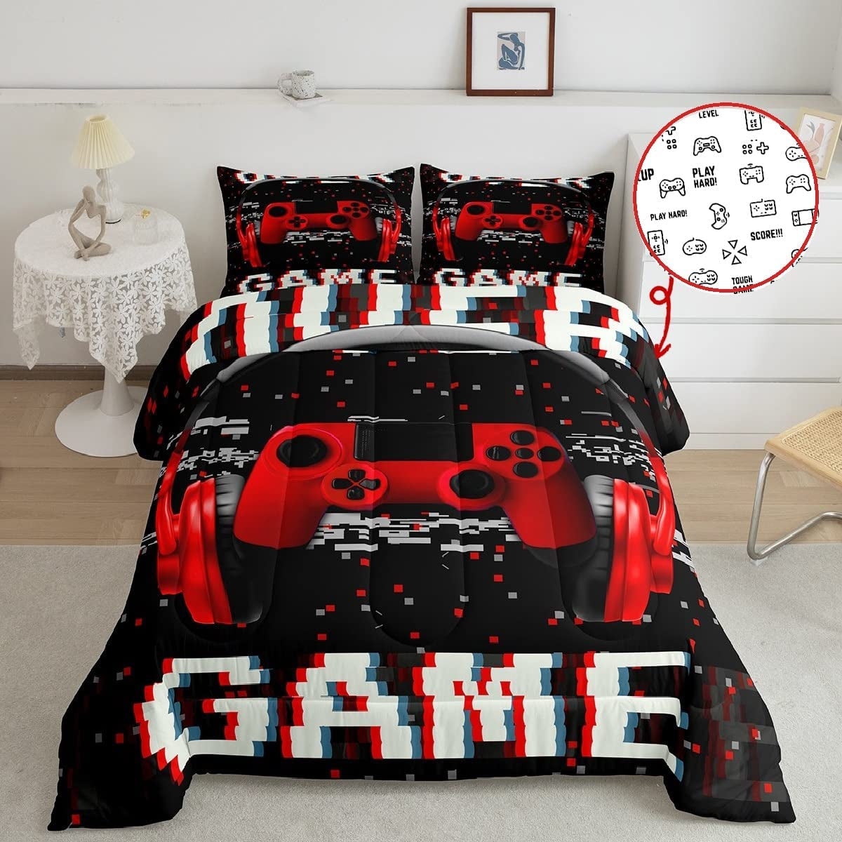 Teens Video Games down Comforter 3D Headset Headphones Gamepad Bedding Set, Kids Boys Music Themed Gamer Comforter/Quilt Set, Gaming Controller Bedspread, Bedroom Decor Twin Size, Red Black