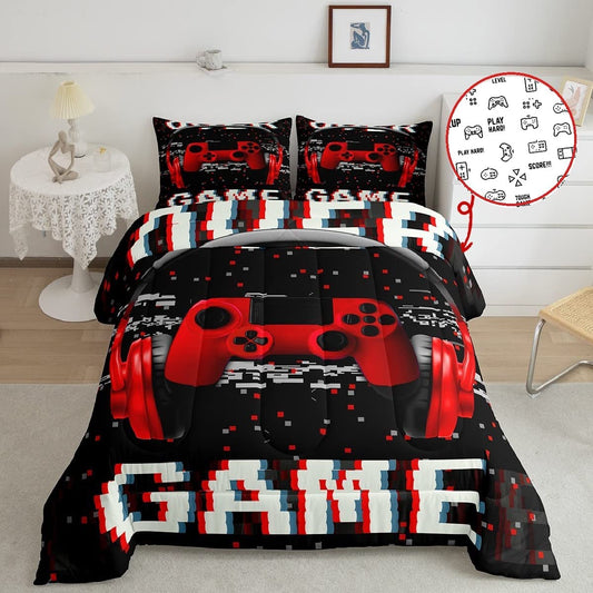 Teens Video Games down Comforter 3D Headset Headphones Gamepad Bedding Set, Kids Boys Music Themed Gamer Comforter/Quilt Set, Gaming Controller Bedspread, Bedroom Decor Twin Size, Red Black