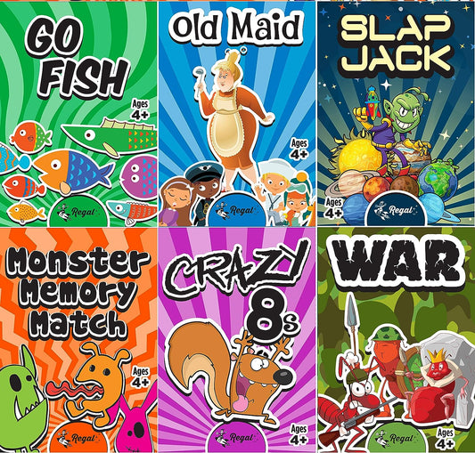 - Kids Classic Card Games - Includes Old Maid, Go Fish, Slapjack, Crazy 8'S, War, and Silly Monster Memory- for Family Game Nights, Parties - Set of 6 Games