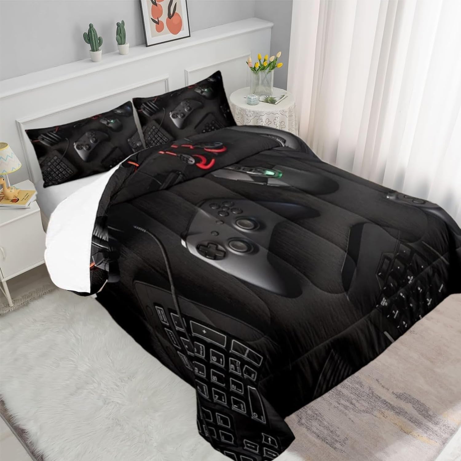 Gamer Comforter Set Twin Size for Boys Kids Teens, 3D Gaming Bedding Set Soft Microfiber Quilts Black with Pillowcase Game Room Decor All Season for Game Lovers