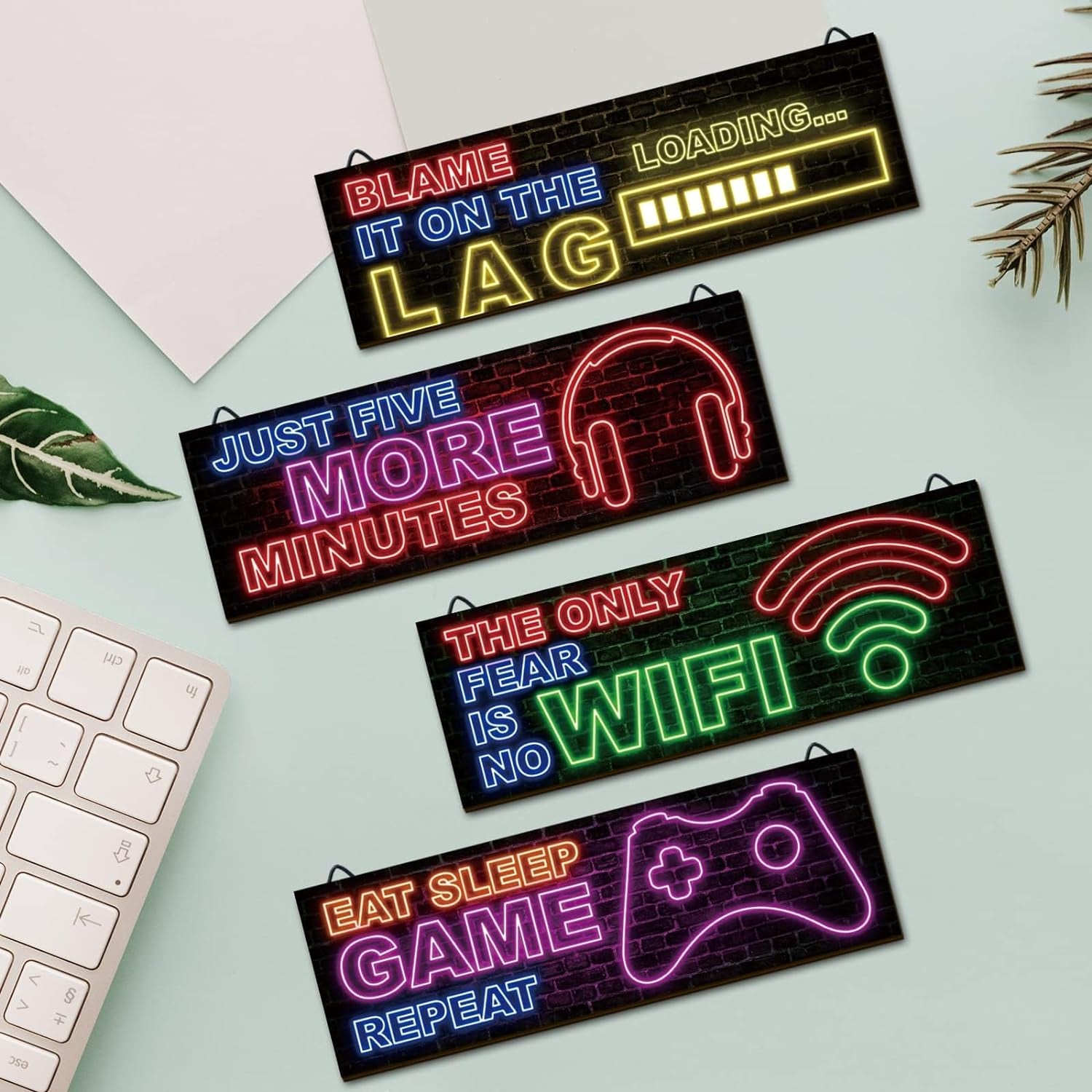 4 Pcs Neon Gaming Decor for Boys Room Wooden Video Game Wall Art Motivational Quote Gamer Hanging Plaques Inspirational Wall Decor for Boys Kids Room Bedroom Playroom Decorations