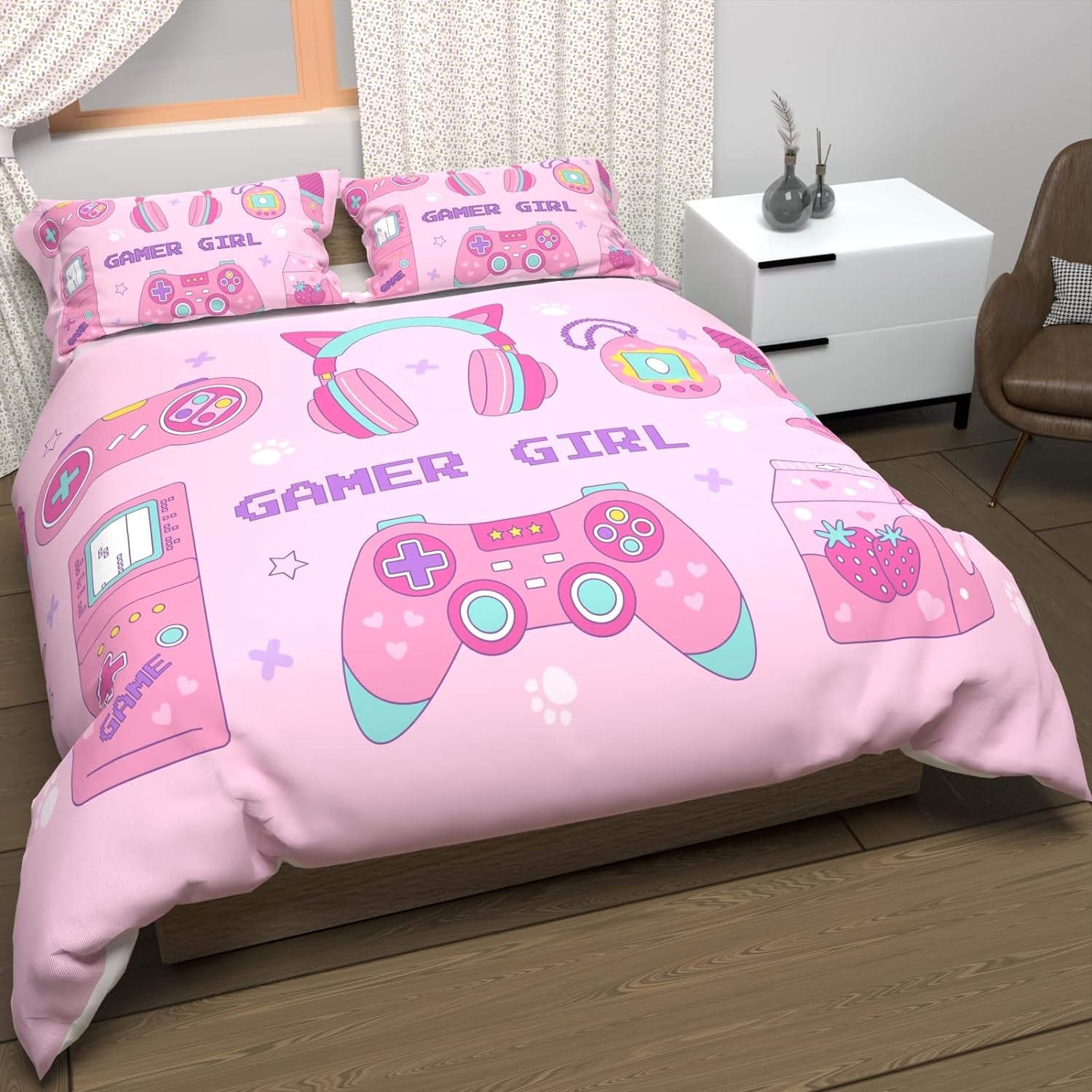 Pink Gamer Girl Comforter Cover Set Twin Size Duvet Cover Set for Girls,3D Gaming Controller Pattern Cat Ear Headphones Print Bedding Set-3 Pieces Bed Cover Set with 2 Pillow Cases