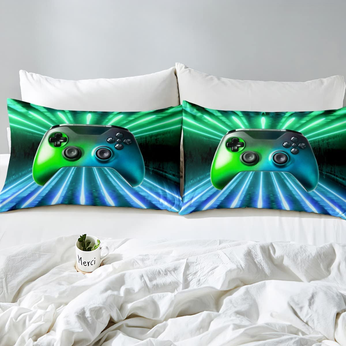 Green Blue Gamepad Bedding Set, Game Player Comforter Cover Full Size Modern Gamer Gaming Duvet Cover Neon Trippy Bedding Set for Kids Boys Girls Teens Young Man Room Decor