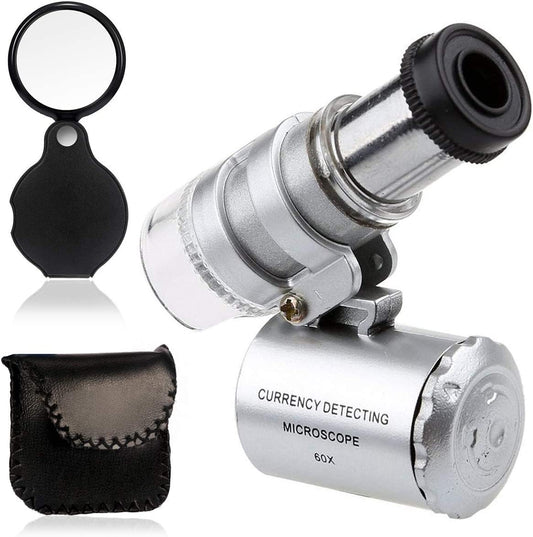 Mini 60X Microscope Magnifying with LED Light Pocket Jewelry Magnifier Jeweler Loupe with 10X Folding Pocket Magnifier