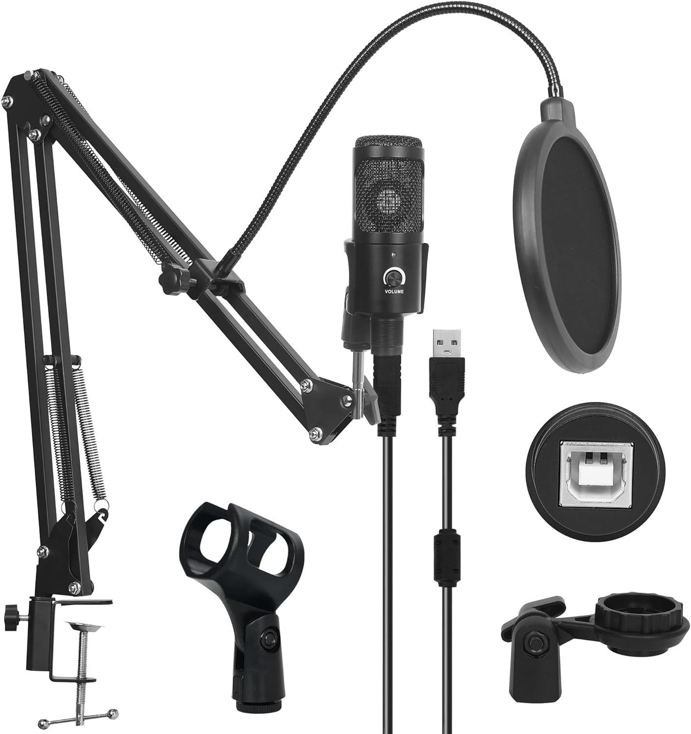 USB Condenser Microphone Mic Kit with Adjustable Mic Suspension Scissor Arm, Metal Shock Mount and Pop Filter for Streaming, Podcasting, Singing,Youtube,Studio