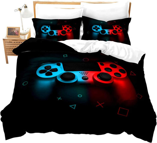 Gamer Duvet Cover for Boys,Gaming Comforter Cover Full,Cool Games Gamepad Bedding Set Kids Teen Game Room Decor Bed Cover,Video Game Controller,Modern Gradient Soft Red and Blue Bedclothes with Zipper