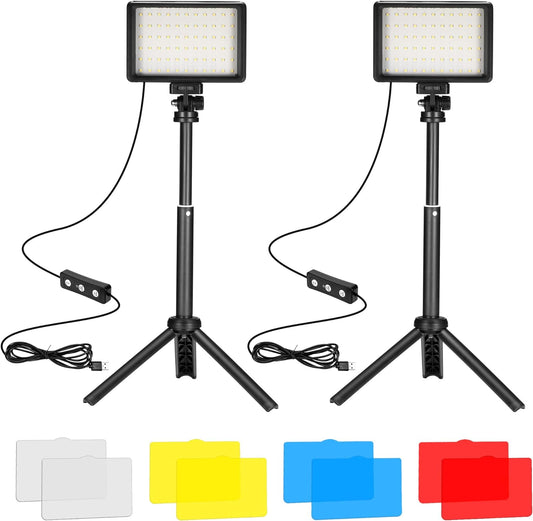 LED Video Light 2-Pack, 5600K Dimmable USB Photo Lights with Mini Tripod and Colored Filters for Photo Studios, Small Angle Shooting, Video Recording, Game Streaming