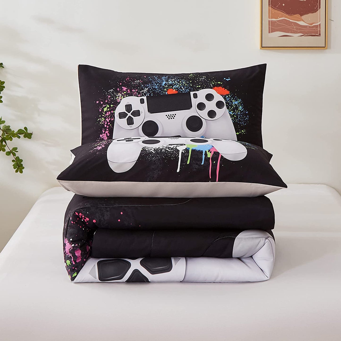 Gamer Bedding Sets for Boys, Queen Size 3-Piece Gaming Comforter Sets for Kids Teens, Soft Microfiber Video Game Bedding Sets for Game Lovers, 1 Comforter and 2 Pillowcase(White,Queen)