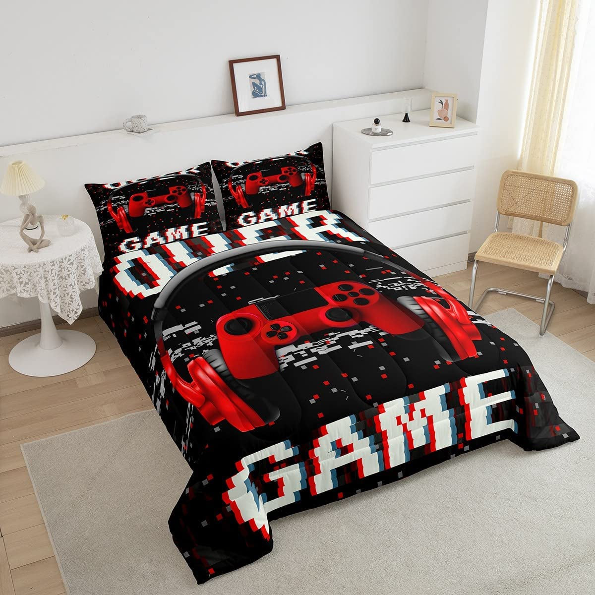 Teens Video Games down Comforter 3D Headset Headphones Gamepad Bedding Set, Kids Boys Music Themed Gamer Comforter/Quilt Set, Gaming Controller Bedspread, Bedroom Decor Twin Size, Red Black