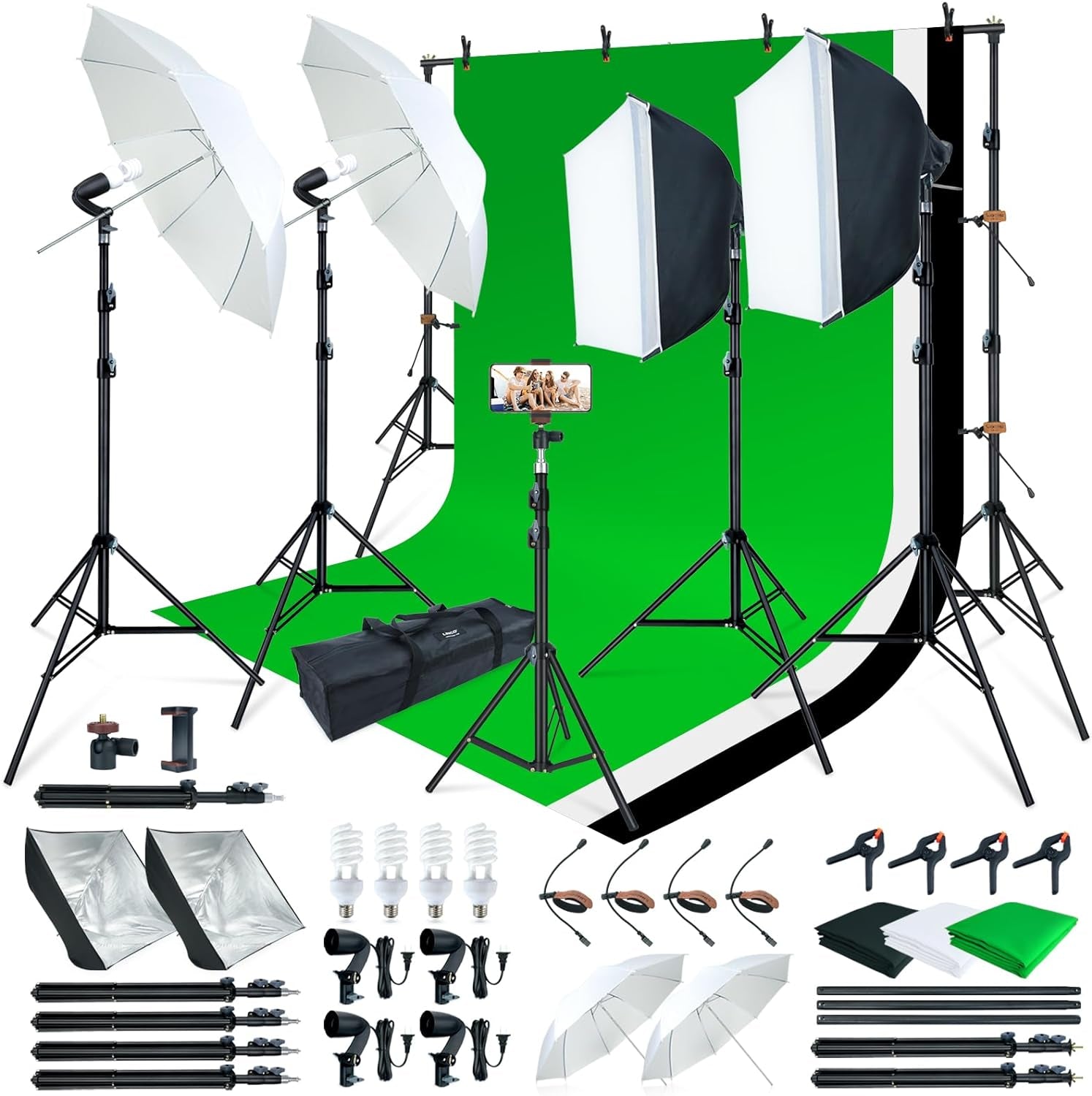 store Photo Video Studio Light Kit AM169 - Including 3 Color Backdrops (Black/White/Green) Background Screen