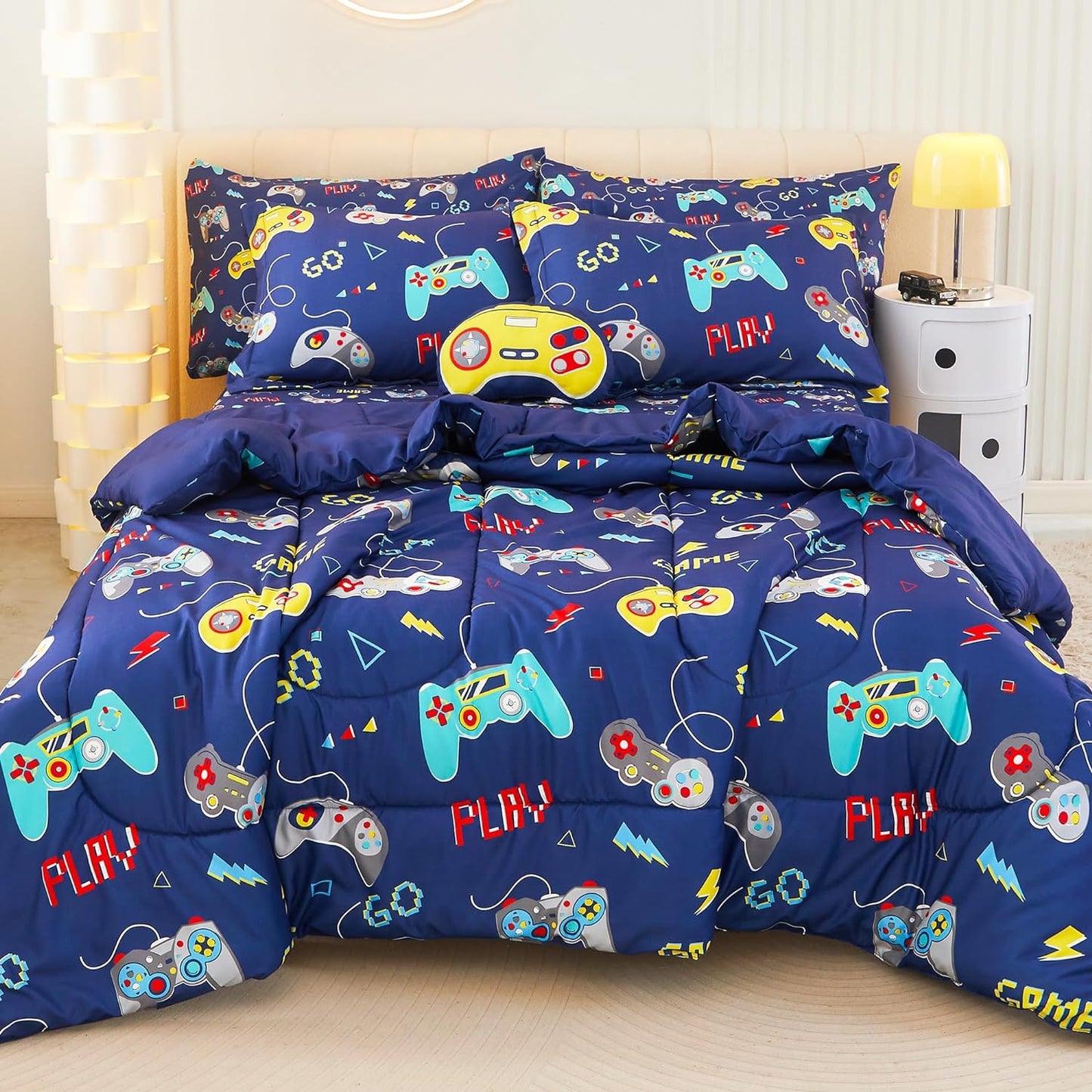 Bed in a Bag for Kids Boys Teens, 6 Pieces Twin Size Comforter Bed Set with Shams, Sheet Set and Decorative Toy Pillow, Games Blue Super Soft Microfiber Kids Comforter Bedding Set