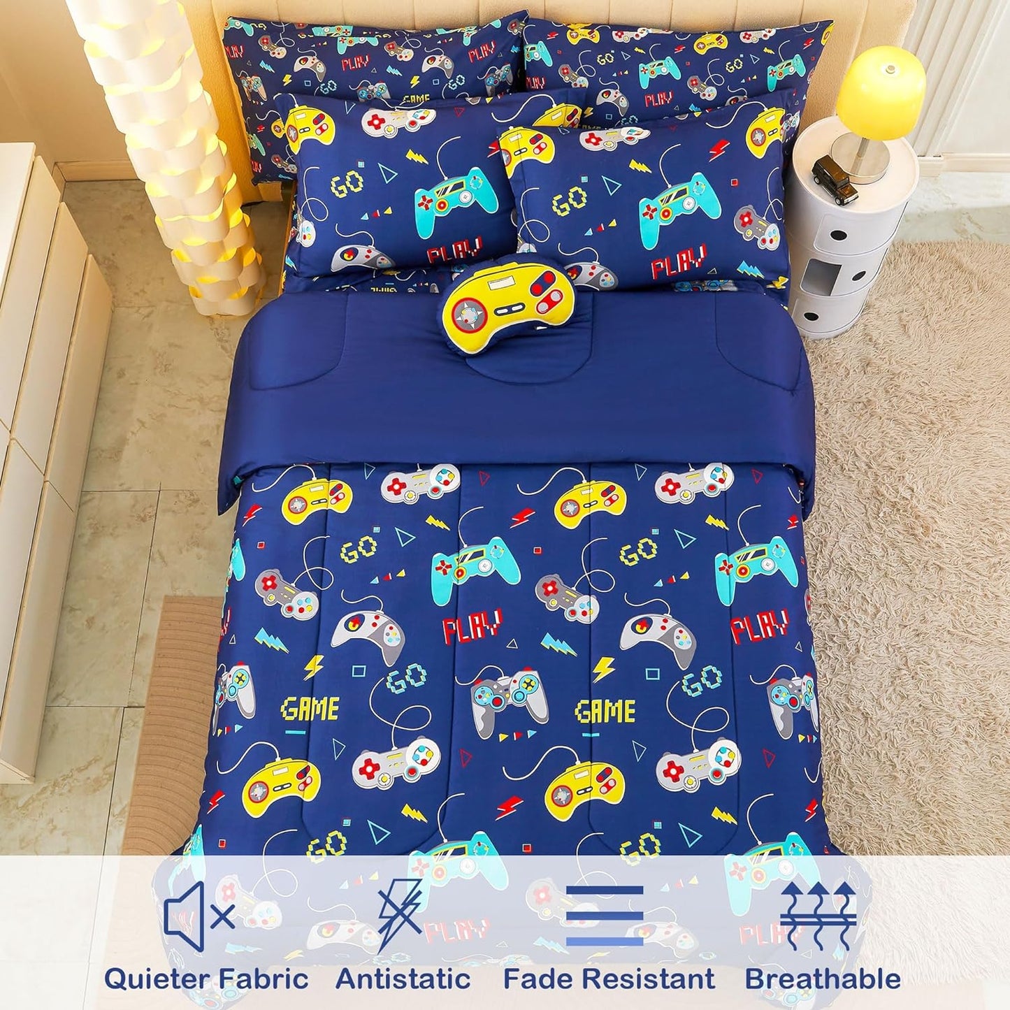 Bed in a Bag for Kids Boys Teens, 6 Pieces Twin Size Comforter Bed Set with Shams, Sheet Set and Decorative Toy Pillow, Games Blue Super Soft Microfiber Kids Comforter Bedding Set