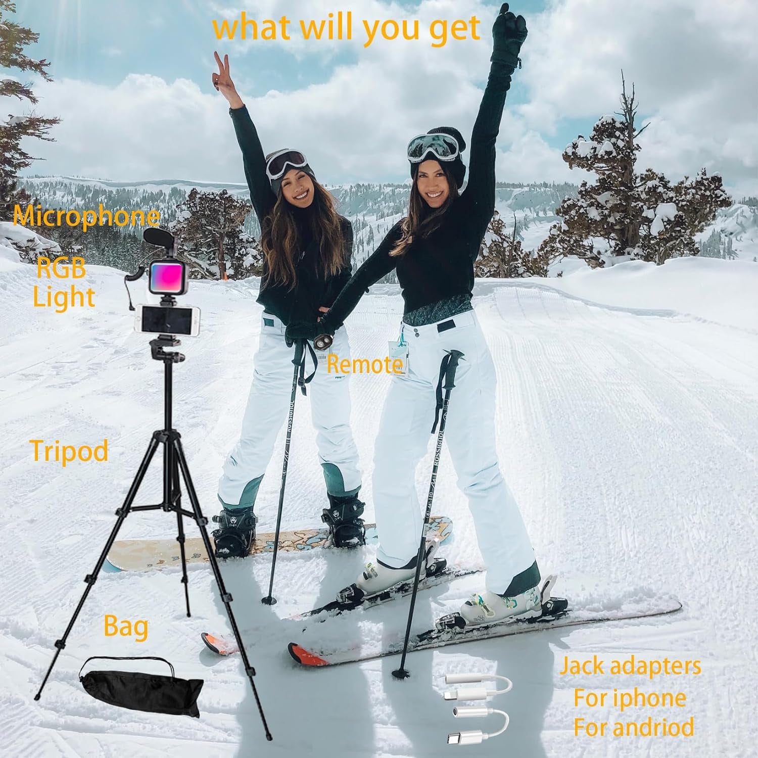 Vlogging Kit for Iphone,Vlogging Kit for Andriod Phone, Youtube Starter Kit with RGB Light Extendable Tripod Microphone Jack Adapter Remote (60 Inch Height)