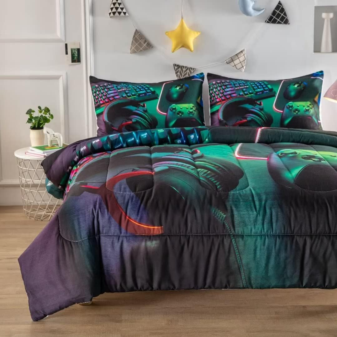 Gamer Comforter Sets for Teen Boys,Gaming Bedding Sets Twin,Video Game Bedspread,Game Gamepad Bed Set,Controller Bedding Gamer Home Decor 3 Piece 1 Comforter and 2 Pillowcases