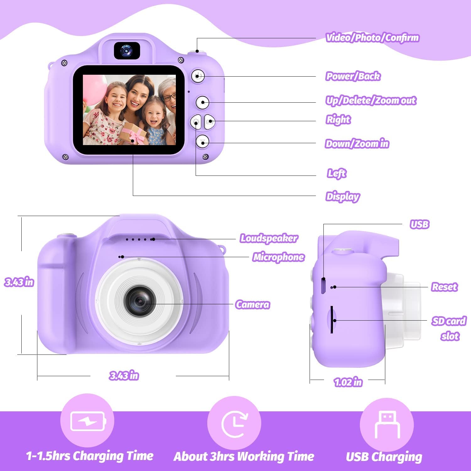 Children'S Camera Toys for 3-12 Years Old Kids Boys Girls,Hd Digital Video Camera with Protective Silicone Cover,Christmas Birthday Gifts with 32GB SD Card (Purple)