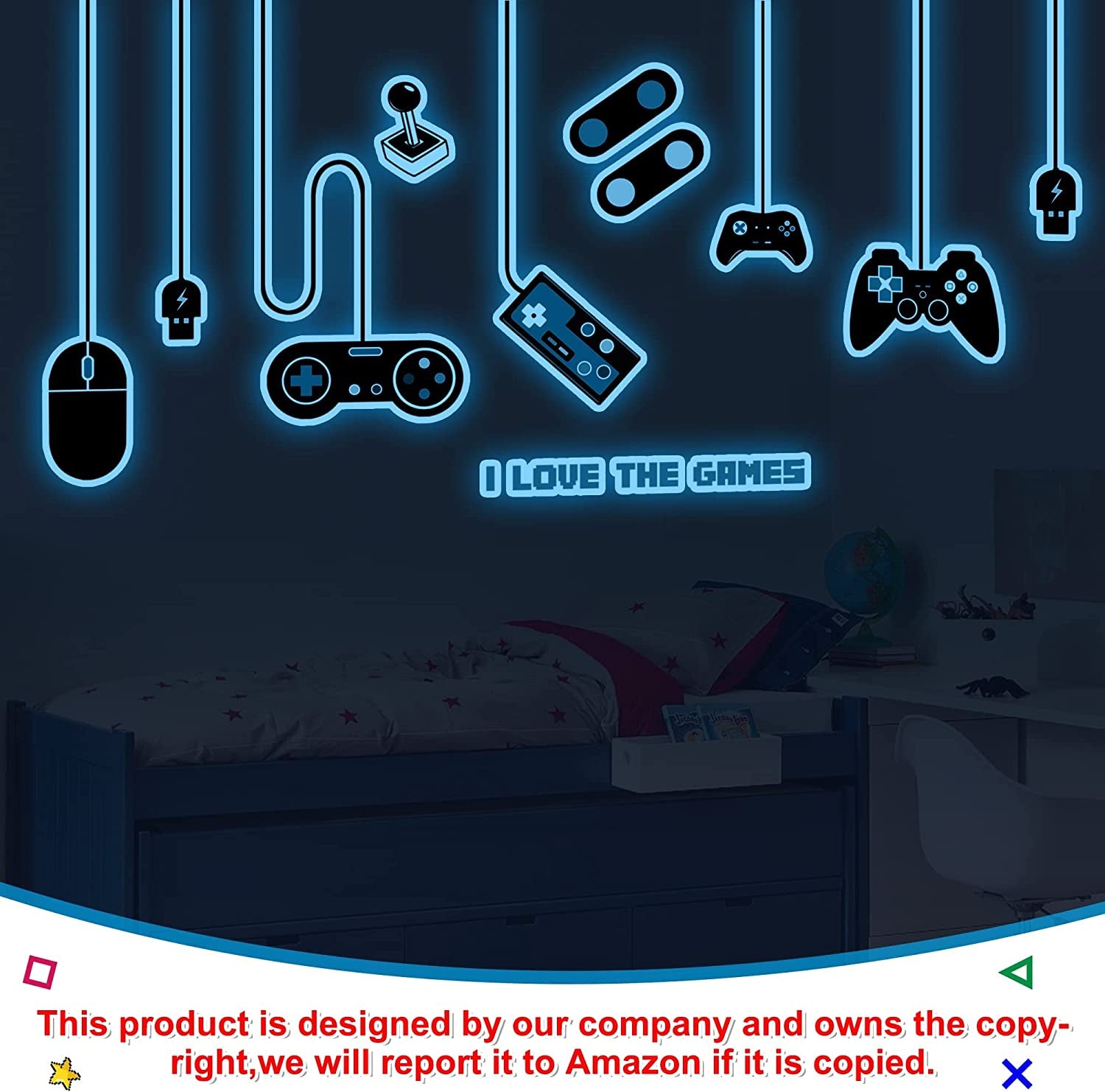 Game Wall Decals Glow in the Dark Gamer Wall Decals Gaming Wall Stickers Game Room Decor Glow Gaming Controller Sticker Removable Video Game Wall Decor for Boys Kids Girls Bedroom Playroom Home Decor