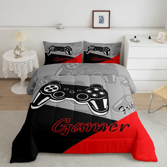 Gamer Comforter Set for Boys Teens Red and Black Gaming Bedding Set Video Game Bedding Home Decor for Kids Comforter Twin Size 2 Pieces Quilted Duvet Set 1 Comforter with 1 Pillowcase