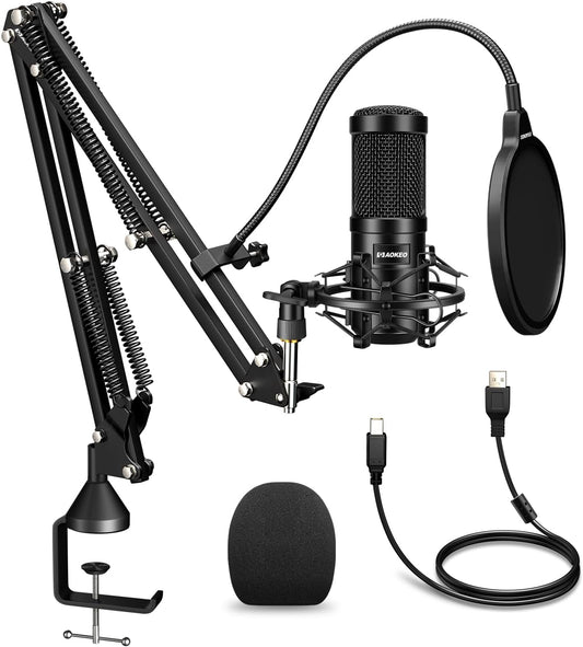 USB Condenser Microphone,192Khz/24Bit Professional PC Streaming Podcast Cardioid Microphone Kit with Boom Arm,Shock Mount,Pop Filter,For Recording,Gaming,Youtube,Meeting,Discord