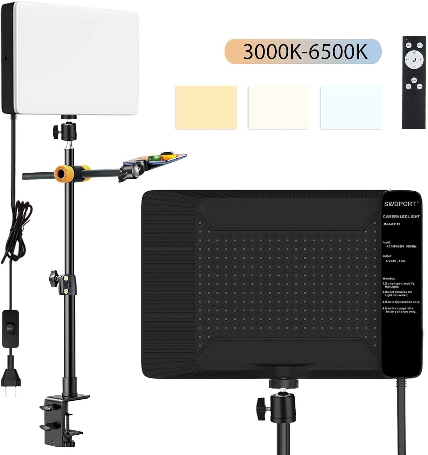 LED Desk Bi-Color Video Light Key Light Studio Streaming Lights Panel Light with Desk Clamp C-Clamp Stand Overhead Phone Mount 3800K-6500K Wireless Remote Studio Photography Lighting for Gaming Zoom