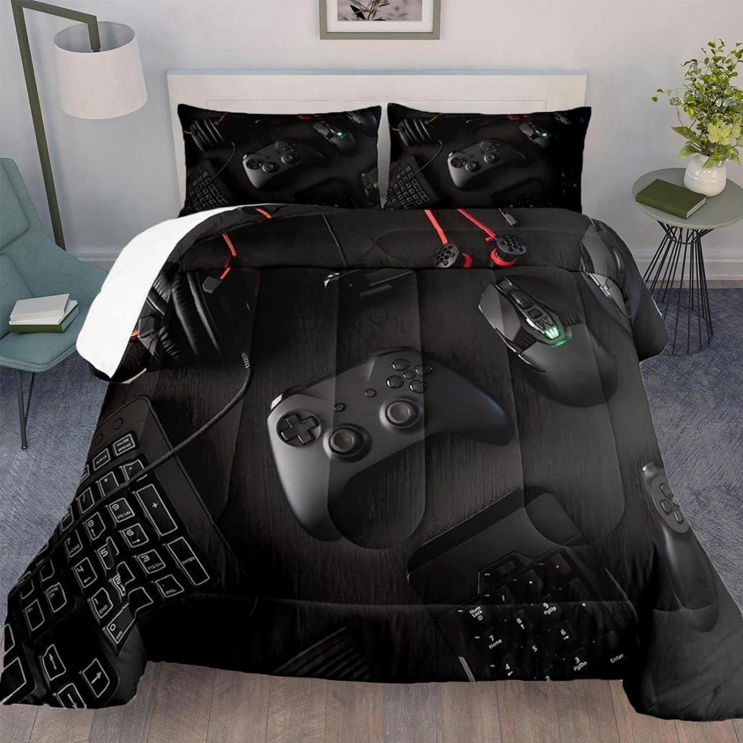 Gamer Comforter Set Twin Size for Boys Kids Teens, 3D Gaming Bedding Set Soft Microfiber Quilts Black with Pillowcase Game Room Decor All Season for Game Lovers