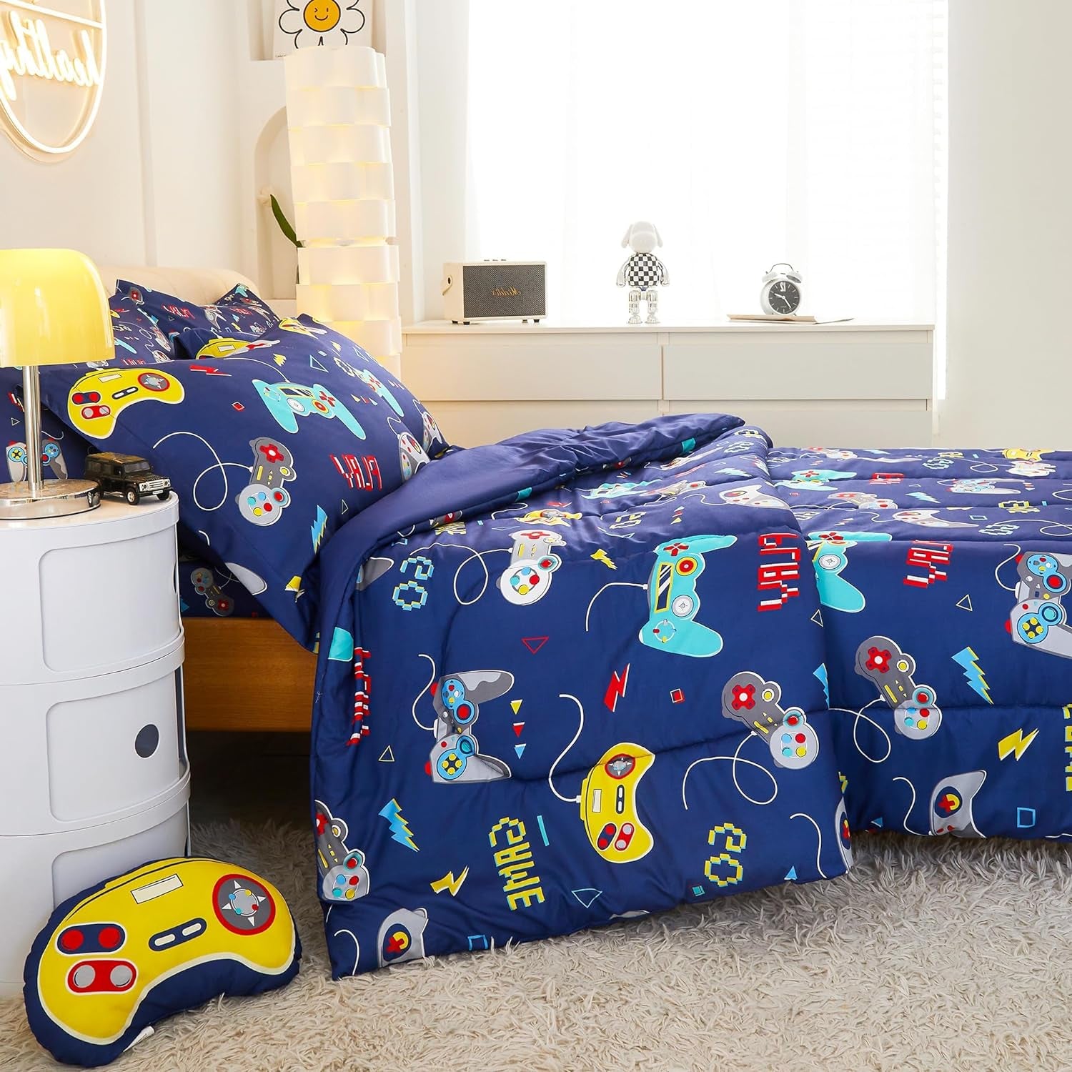 Bed in a Bag for Kids Boys Teens, 6 Pieces Twin Size Comforter Bed Set with Shams, Sheet Set and Decorative Toy Pillow, Games Blue Super Soft Microfiber Kids Comforter Bedding Set