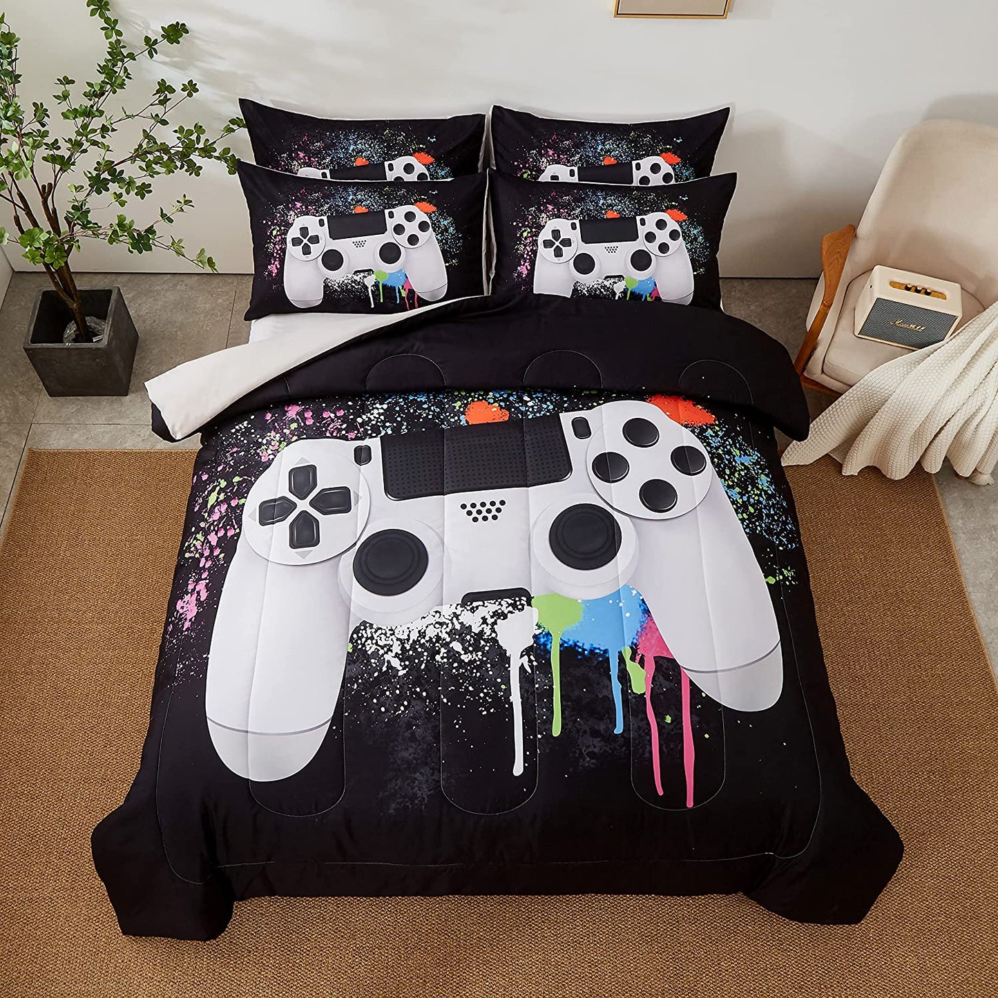 Gamer Bedding Sets for Boys, Queen Size 3-Piece Gaming Comforter Sets for Kids Teens, Soft Microfiber Video Game Bedding Sets for Game Lovers, 1 Comforter and 2 Pillowcase(White,Queen)