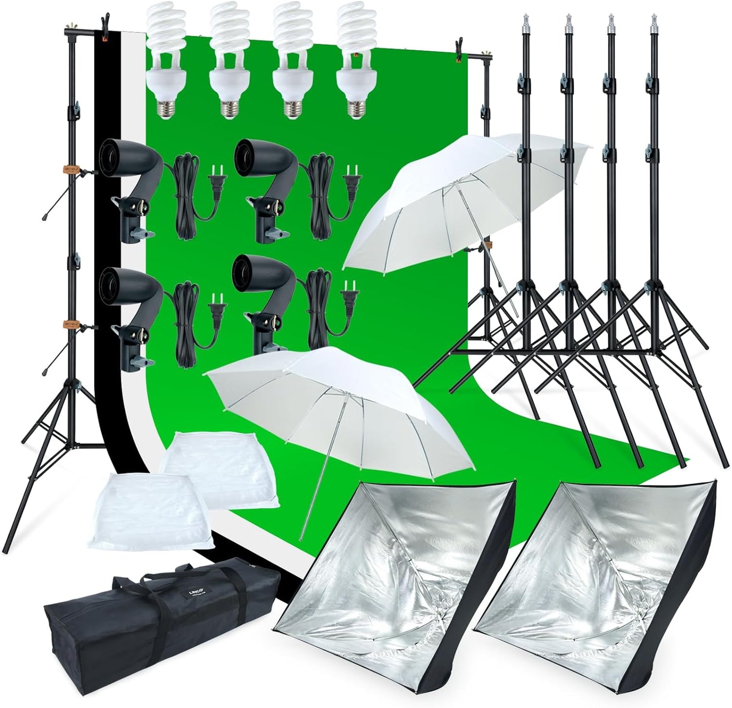 store Photo Video Studio Light Kit AM169 - Including 3 Color Backdrops (Black/White/Green) Background Screen