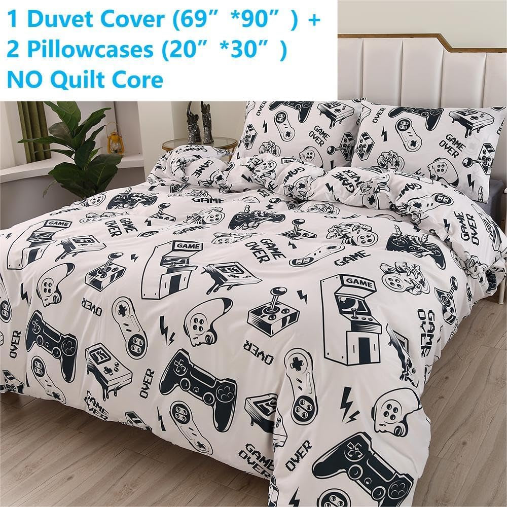 3PCS White Gamer Twin Duvet Cover Set, 1 Duvet Cover and 2 Pillowcases, Gaming Bedding Twin with Corner Ties and Zipper Closure, Kawaii Bedding for Kids Girls and Boys, Twin