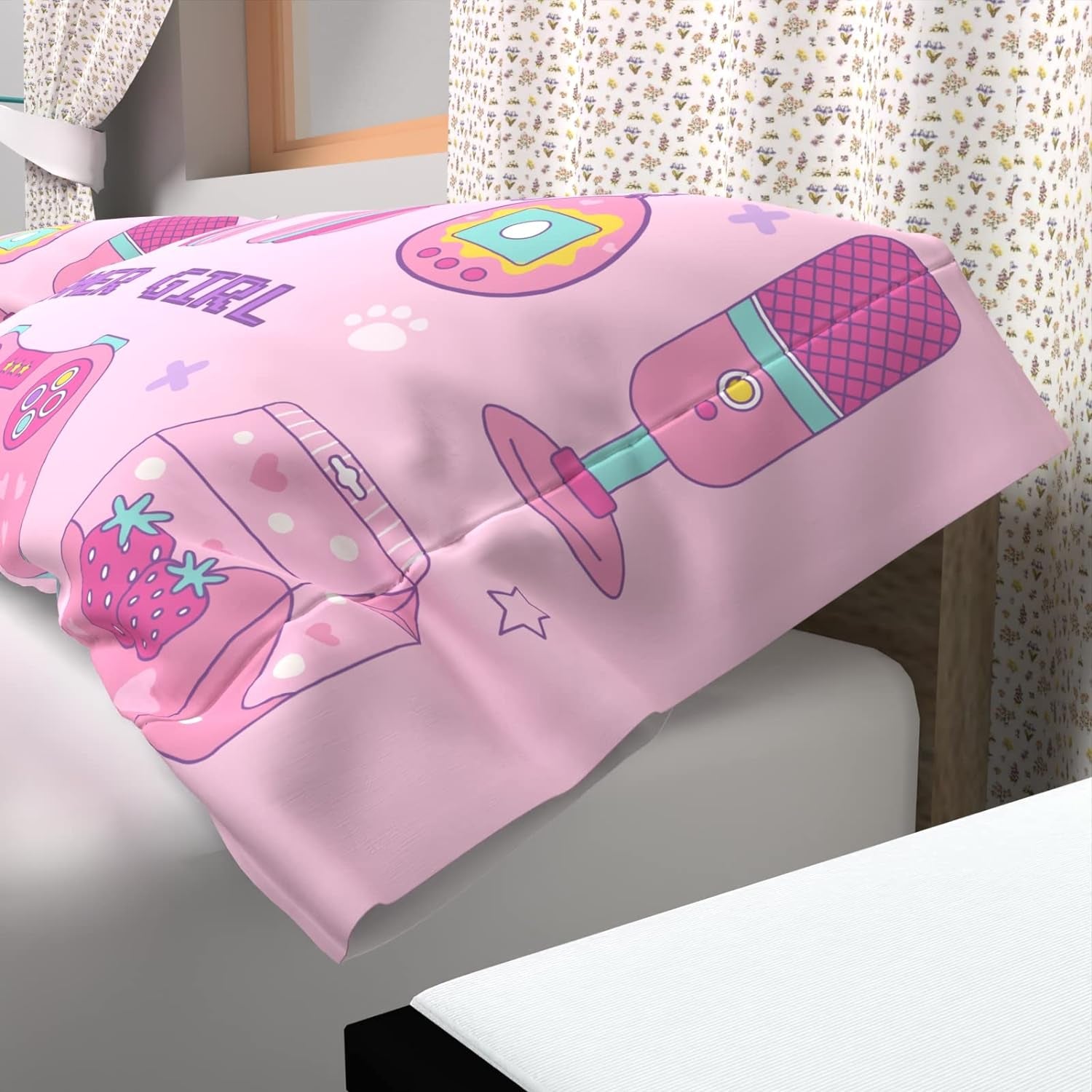 Pink Gamer Girl Comforter Cover Set Twin Size Duvet Cover Set for Girls,3D Gaming Controller Pattern Cat Ear Headphones Print Bedding Set-3 Pieces Bed Cover Set with 2 Pillow Cases