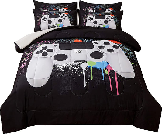 Gamer Bedding Sets for Boys, Queen Size 3-Piece Gaming Comforter Sets for Kids Teens, Soft Microfiber Video Game Bedding Sets for Game Lovers, 1 Comforter and 2 Pillowcase(White,Queen)