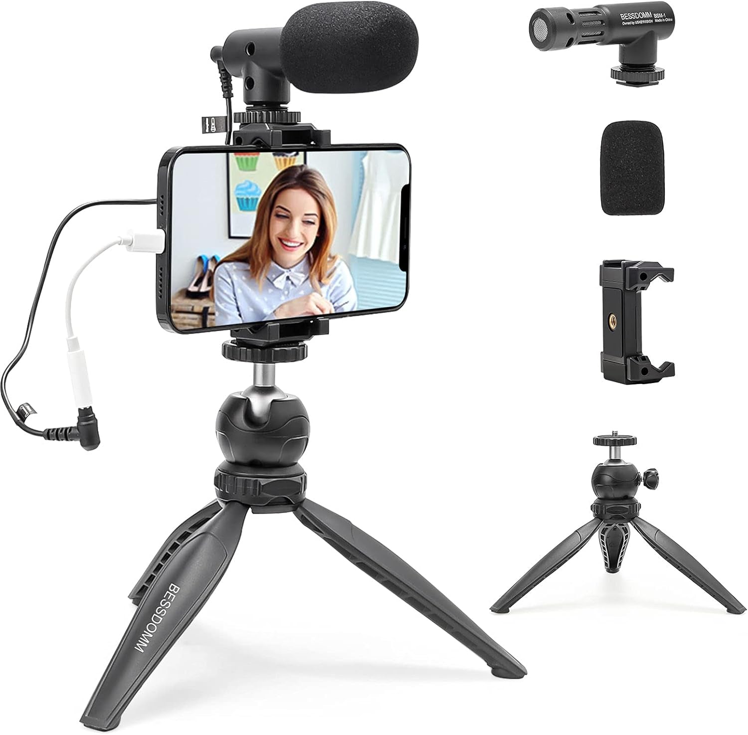 Smartphone Vlog Kit,Youtube Starter Kit,Content Creator Kit,Video Kit W/Phone Clip,Tripod,Ball Head,Shotgun Microphone for Iphone13Promax for Vlogging,Live-Streaming,Tiktok,Facebook(Bsk-1)