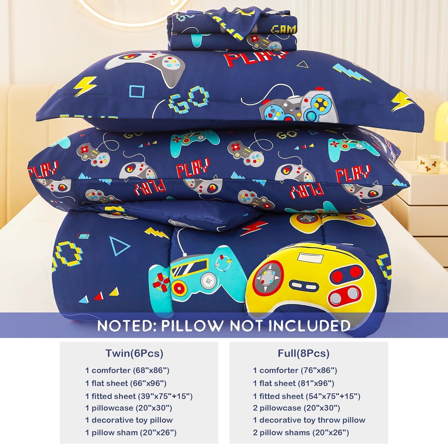 Bed in a Bag for Kids Boys Teens, 6 Pieces Twin Size Comforter Bed Set with Shams, Sheet Set and Decorative Toy Pillow, Games Blue Super Soft Microfiber Kids Comforter Bedding Set