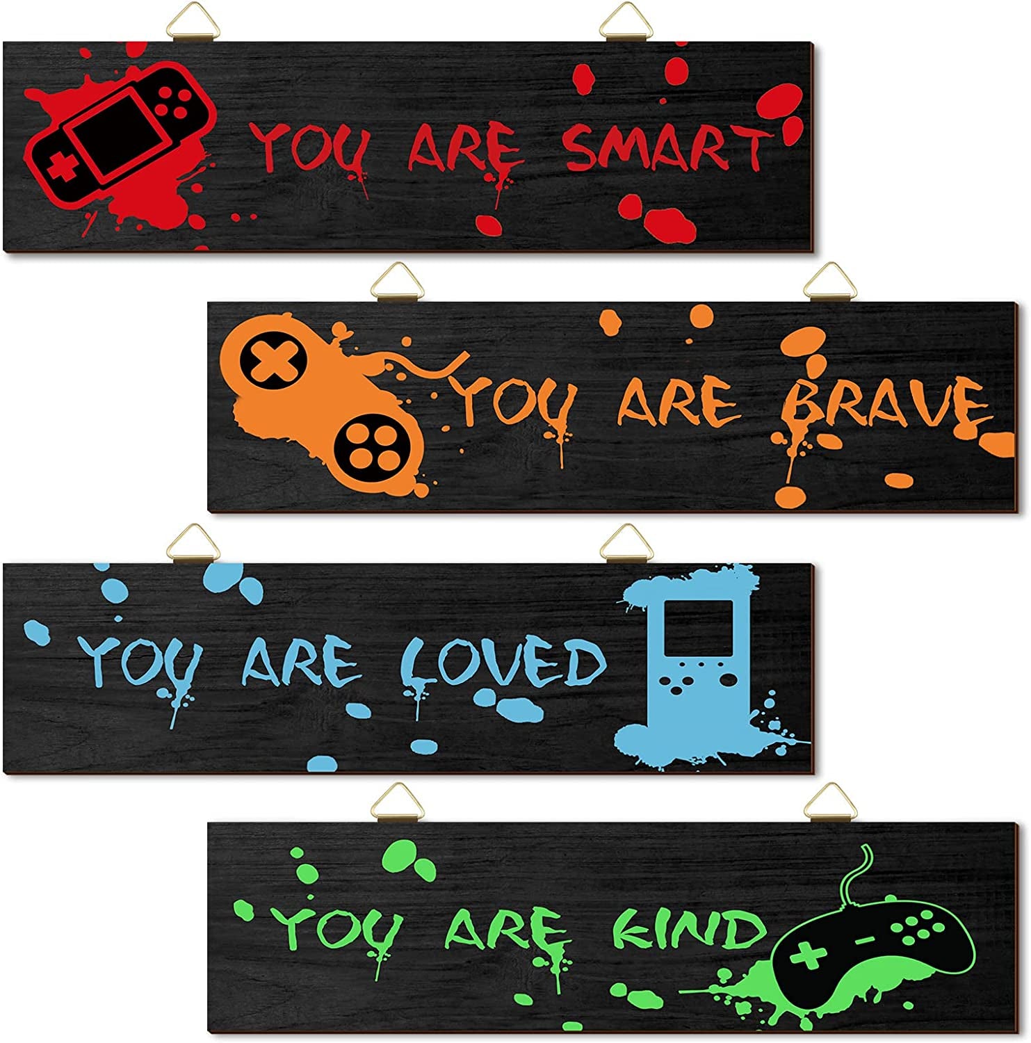 4 Pieces Gaming Decor for Boys Room Wooden Video Game Wall Art Print 11.8 X 3 Inch Motivational Quote Gamer Hanging Plaques Wall Decor for Boys Kids Room Bedroom Playroom Decorations (Vivid Style)