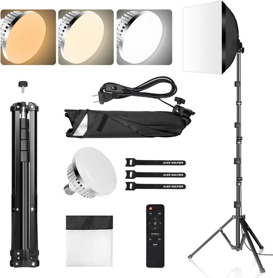 Photography Studio Softbox Lighting Kit with 16"X16" Softbox and 3 Colors Temperature 85W LED Bulb with Remote,Professional Photo Studio Equipment for Portrait,Video Youtube (1PACK)