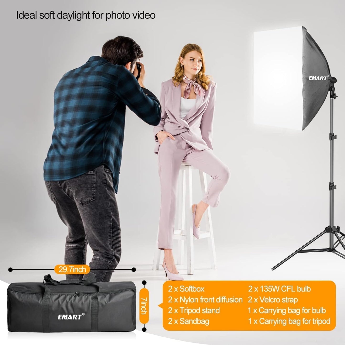 Upgraded Softbox Lighting Kit with Sandbag,24"X24" Softbox Photography Lighting ​With 135W E27 5500K Bulbs, Professional Studio Lights Equipment for Video Recording,Filming,Podcas